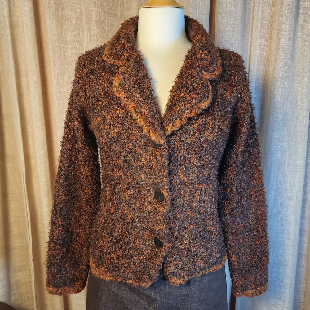 Carole Little Womens M Brown Boucle Wool Blend Cardigan Ruffle Collar Y2K